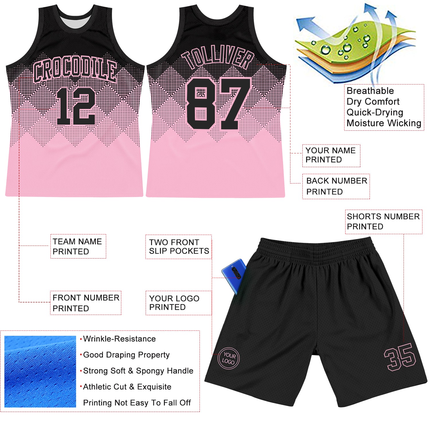 Custom Black Light Pink Gradient Square Shapes Round Neck Sublimation Basketball Suit Jersey