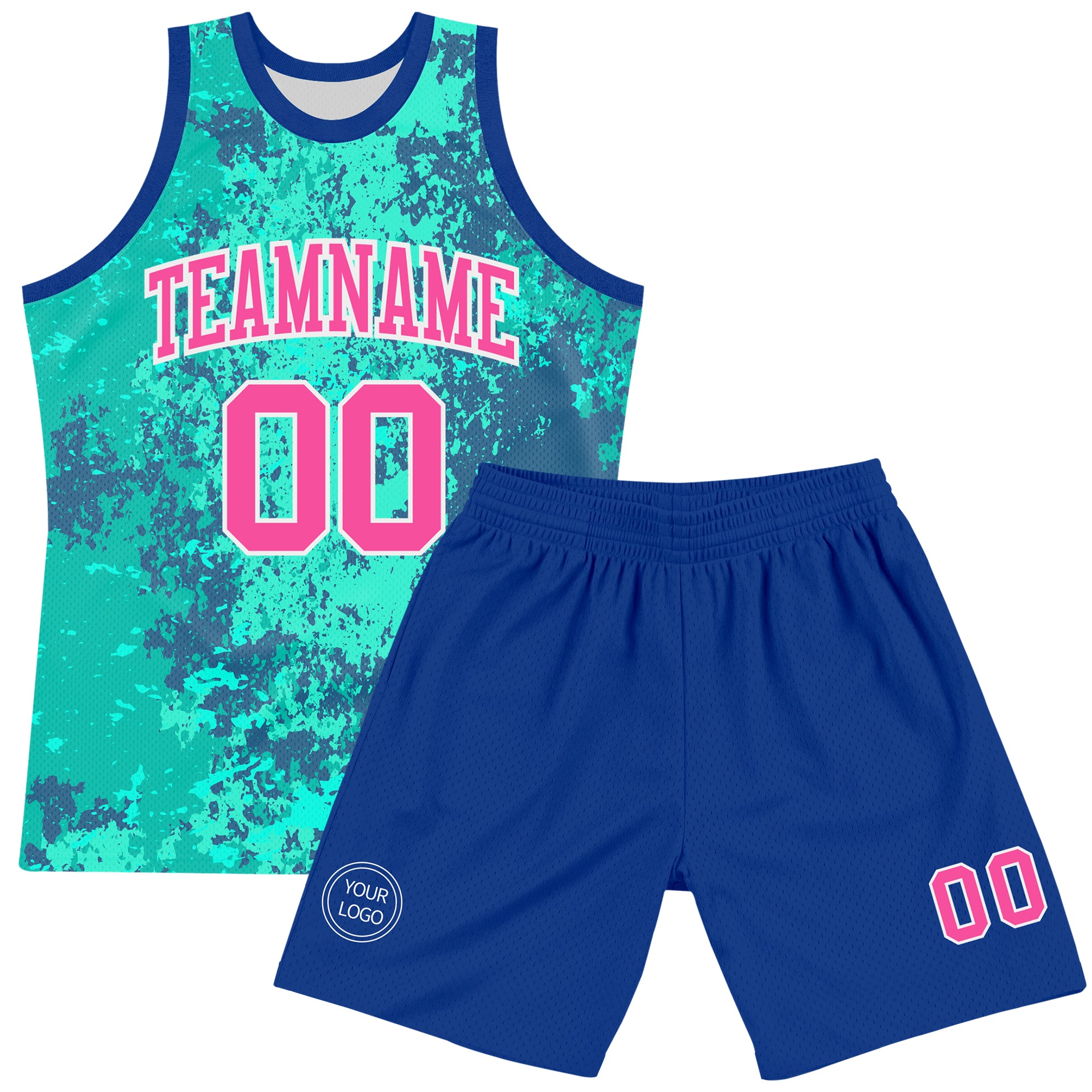 Custom Teal Pink Royal-White Splash Round Neck Sublimation Basketball Suit Jersey
