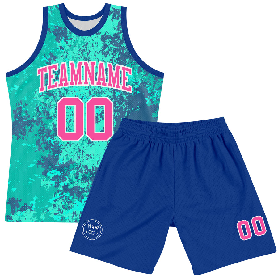 Custom Teal Pink Royal-White Splash Round Neck Sublimation Basketball Suit Jersey