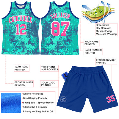 Custom Teal Pink Royal-White Splash Round Neck Sublimation Basketball Suit Jersey
