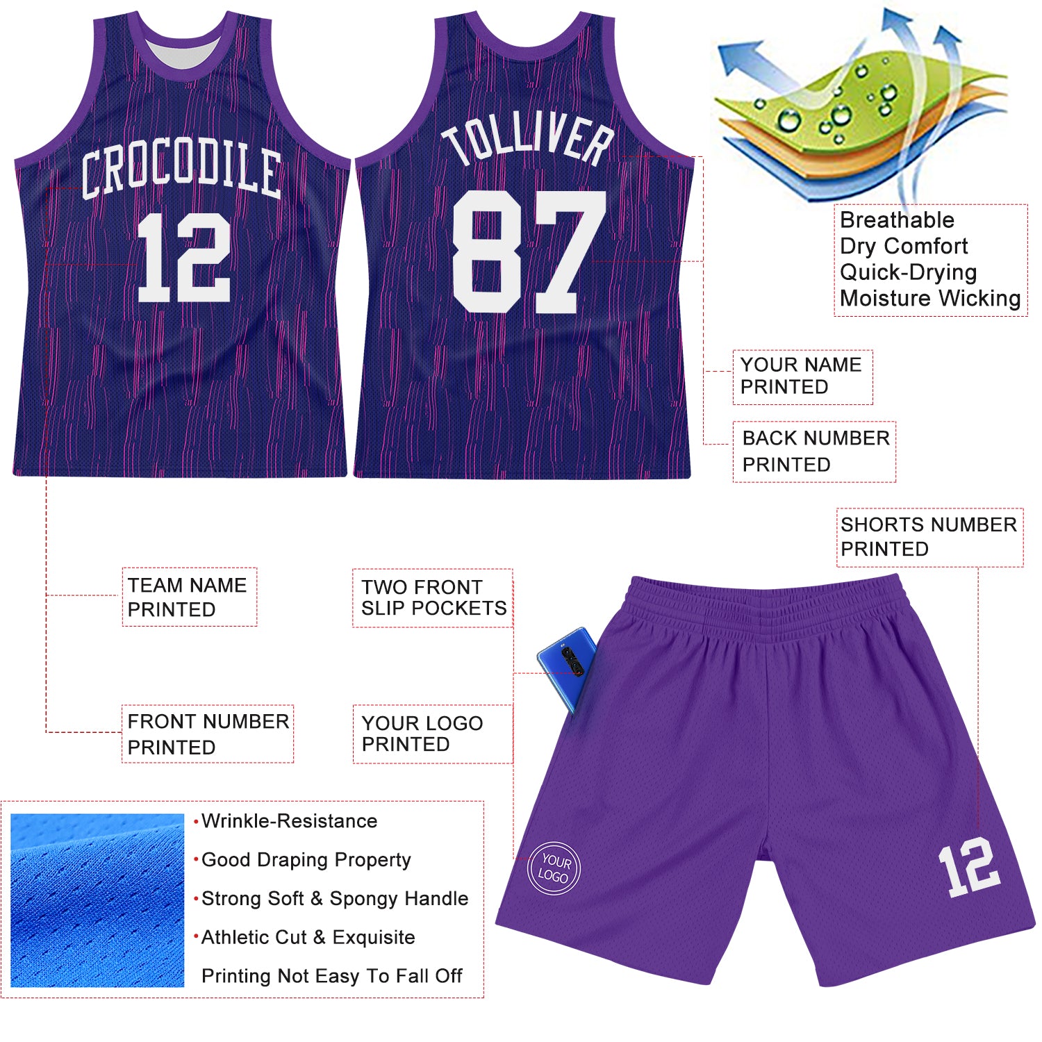 Custom Purple White-Pink Line Round Neck Sublimation Basketball Suit Jersey