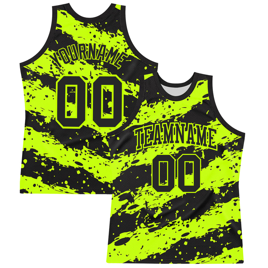 Custom Black Neon Green Splash Round Neck Sublimation Basketball Suit Jersey