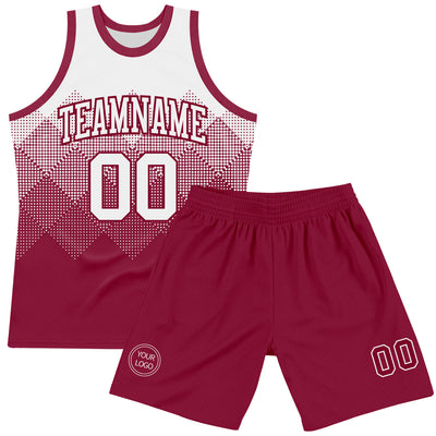 Custom White Maroon Gradient Square Shapes Round Neck Sublimation Basketball Suit Jersey