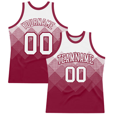 Custom White Maroon Gradient Square Shapes Round Neck Sublimation Basketball Suit Jersey