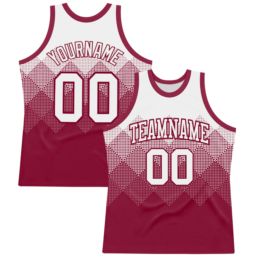 Custom White Maroon Gradient Square Shapes Round Neck Sublimation Basketball Suit Jersey