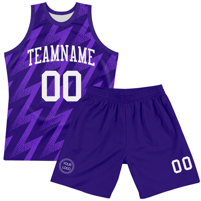 Custom Purple White Zigzag Shape Round Neck Sublimation Basketball Suit Jersey