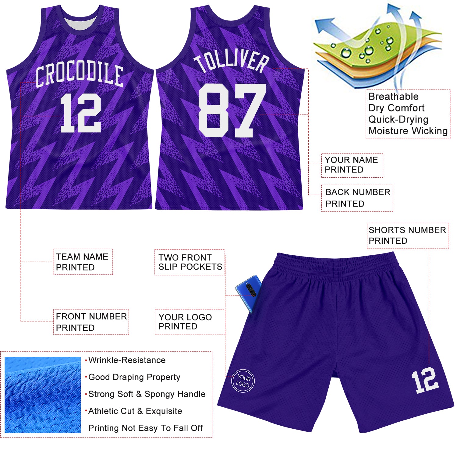 Custom Purple White Zigzag Shape Round Neck Sublimation Basketball Suit Jersey
