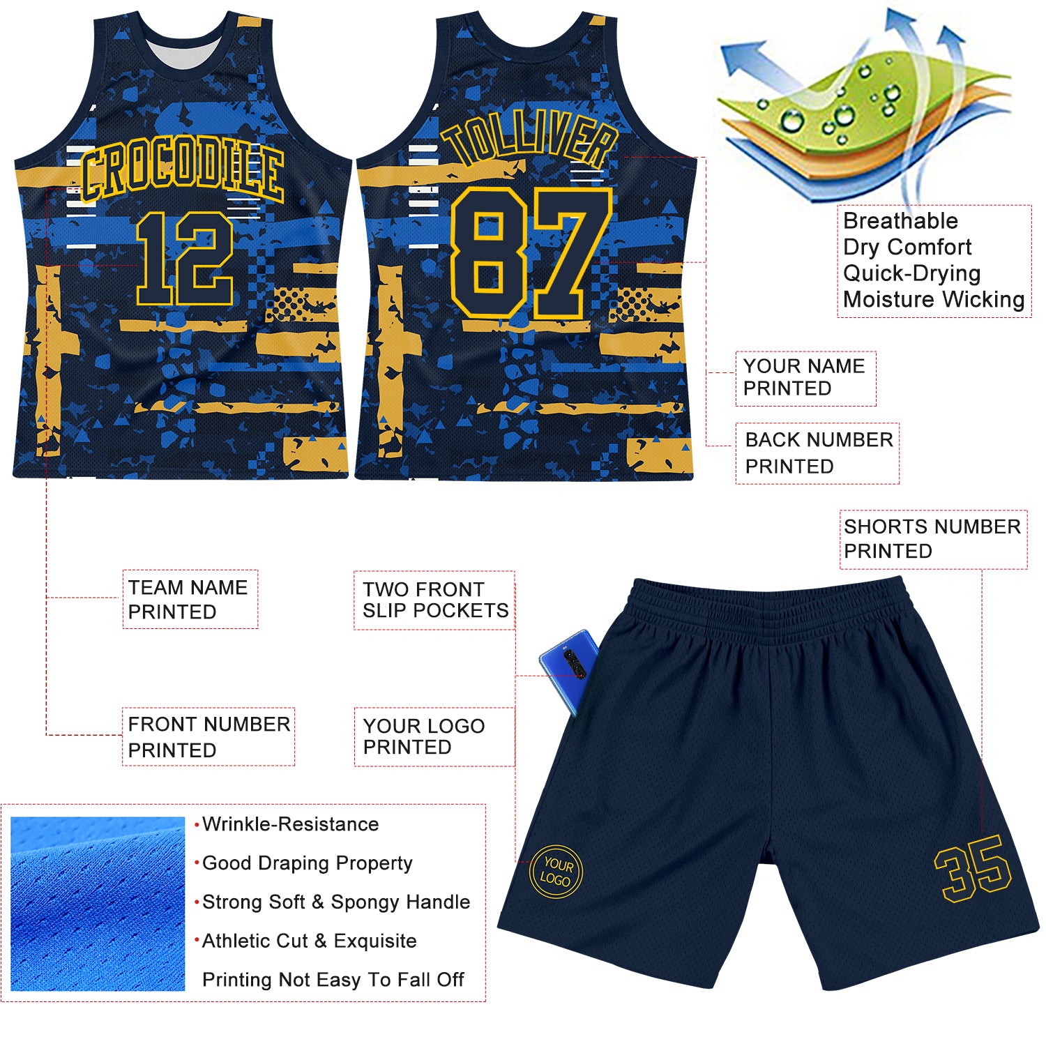 Custom Navy Yellow Abstract Shape Fragment Art Round Neck Sublimation Basketball Suit Jersey