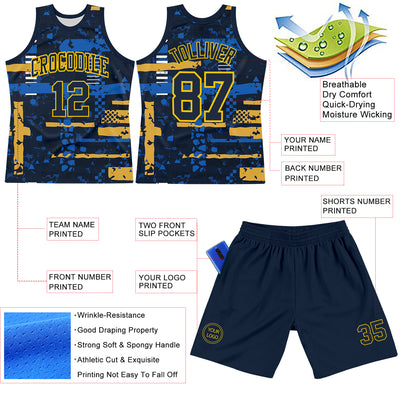 Custom Navy Yellow Abstract Shape Fragment Art Round Neck Sublimation Basketball Suit Jersey