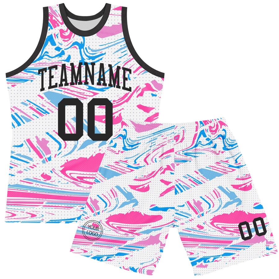 Custom Figure Black Pink-Light Blue Fluid Art Round Neck Sublimation Basketball Suit Jersey