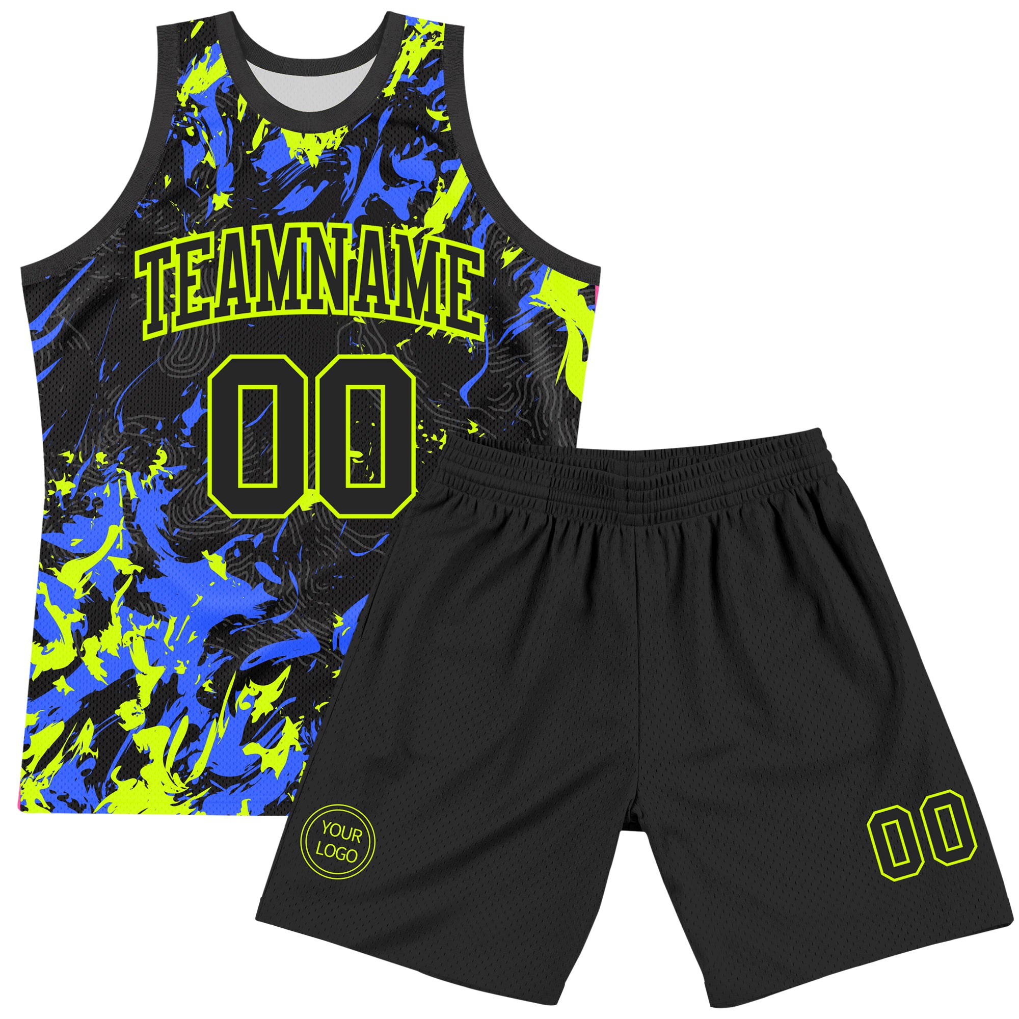 Custom Black Neon Green-Royal Splash Round Neck Sublimation Basketball Suit Jersey