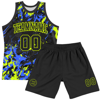 Custom Black Neon Green-Royal Splash Round Neck Sublimation Basketball Suit Jersey