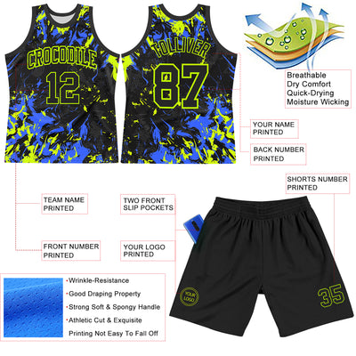 Custom Black Neon Green-Royal Splash Round Neck Sublimation Basketball Suit Jersey