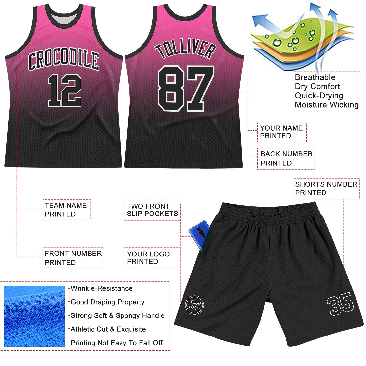 Custom Pink Black-White Fade Fashion Round Neck Sublimation Basketball Suit Jersey
