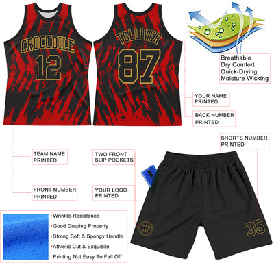 Custom Black Red-Old Gold Splash Round Neck Sublimation Basketball Suit Jersey
