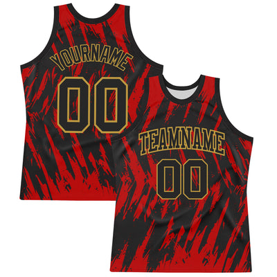 Custom Black Red-Old Gold Splash Round Neck Sublimation Basketball Suit Jersey
