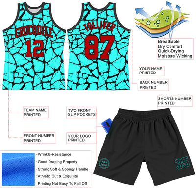 Custom Aqua Red-Black Abstract Network Round Neck Sublimation Basketball Suit Jersey