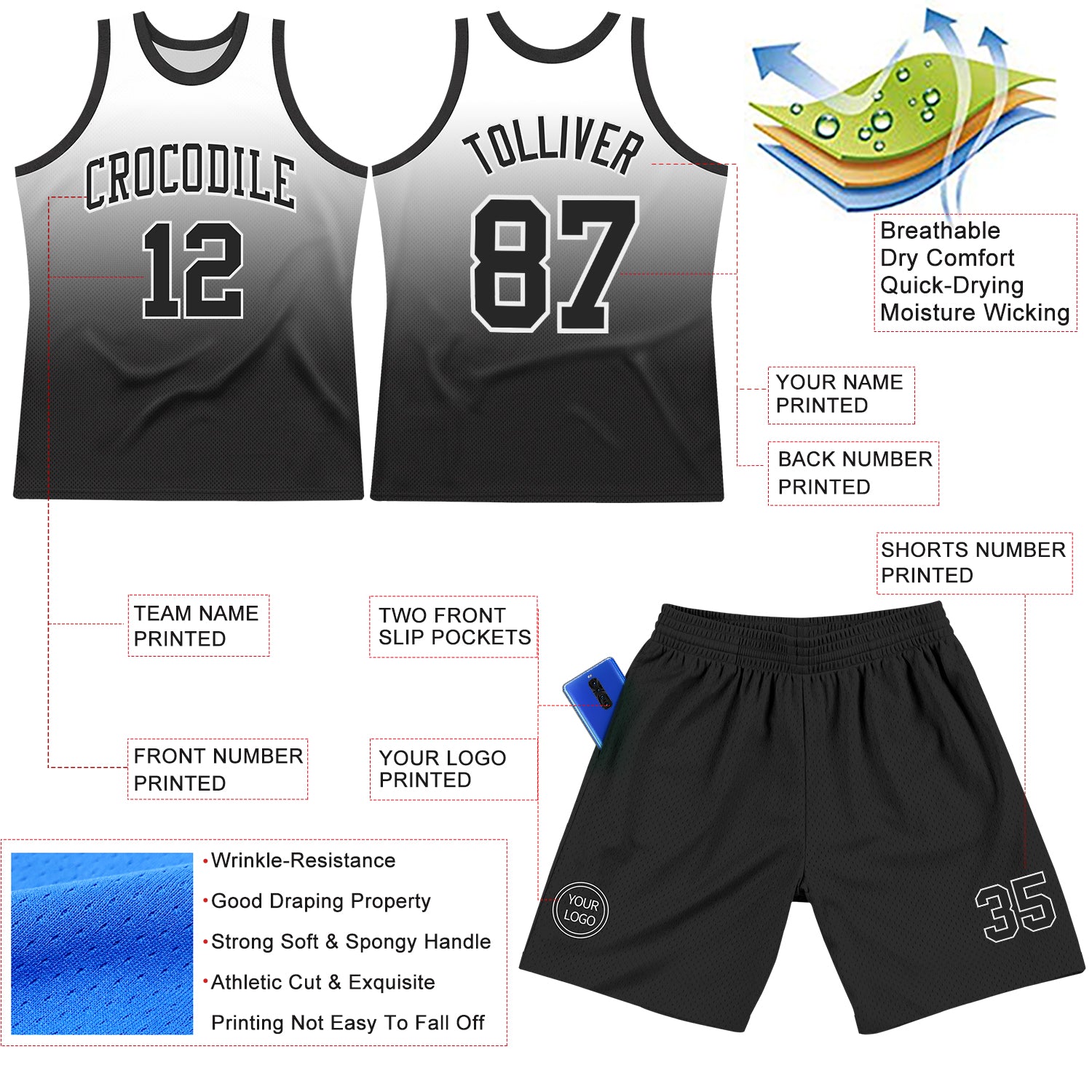 Custom White Black Fade Fashion Round Neck Sublimation Basketball Suit Jersey