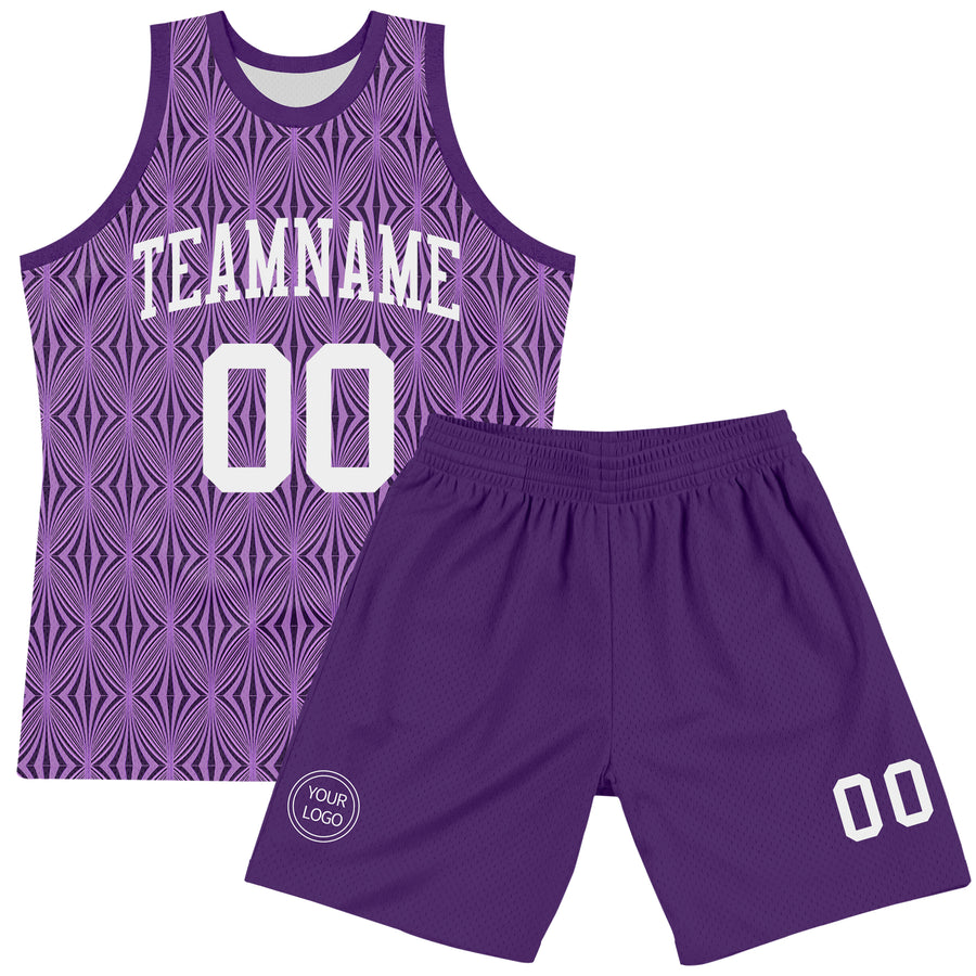 Custom Purple White Geometric Shape Round Neck Sublimation Basketball Suit Jersey