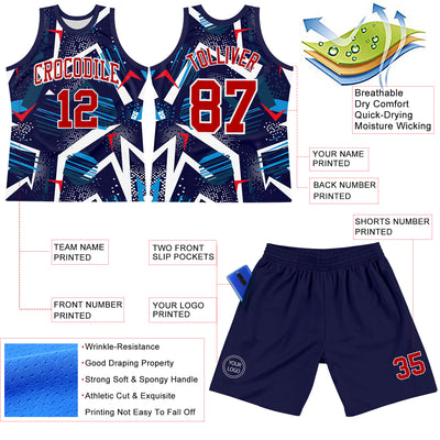 Custom Navy Red-White Geometric Shape Round Neck Sublimation Basketball Suit Jersey