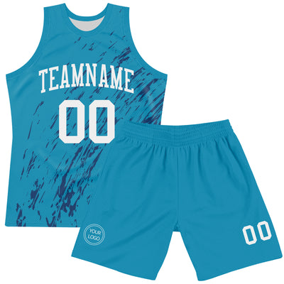 Custom Panther Blue White Splash Round Neck Sublimation Basketball Suit Jersey