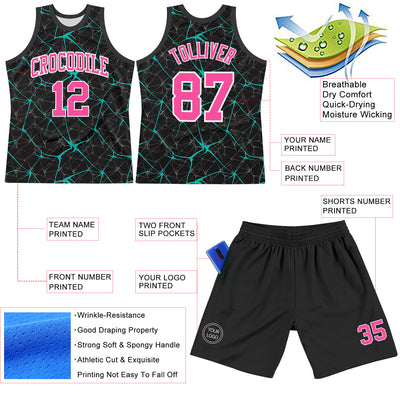Custom Black Pink Aqua-White Abstract Network Round Neck Sublimation Basketball Suit Jersey