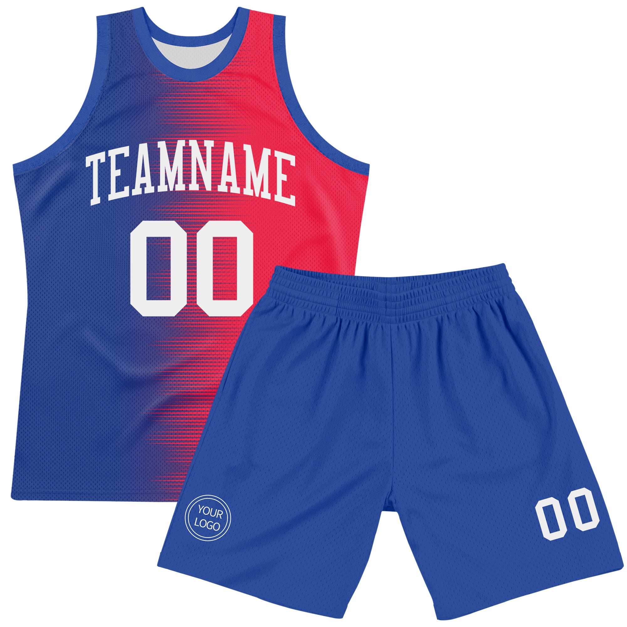 Custom Red White-Royal Gradient Line Round Neck Sublimation Basketball Suit Jersey