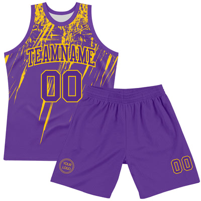 Custom Purple Yellow Splash Round Neck Sublimation Basketball Suit Jersey