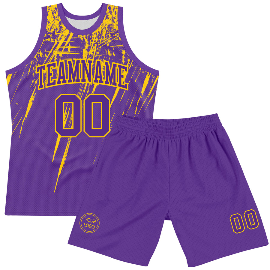 Custom Purple Yellow Splash Round Neck Sublimation Basketball Suit Jersey