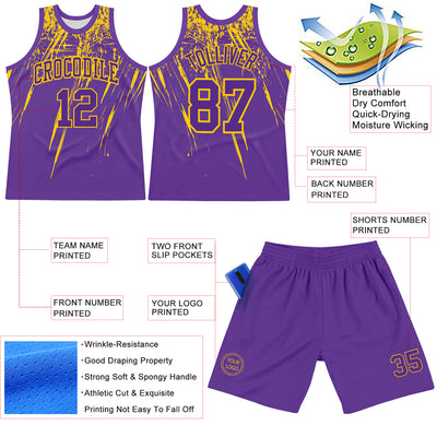 Custom Purple Yellow Splash Round Neck Sublimation Basketball Suit Jersey