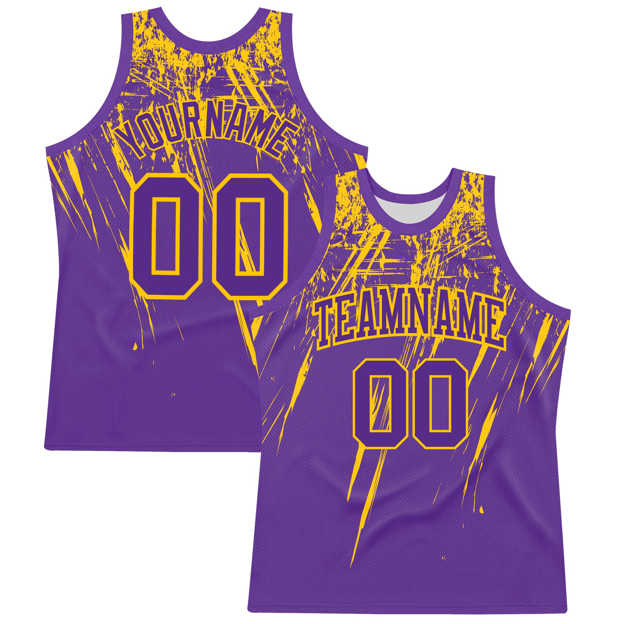 Custom Purple Yellow Splash Round Neck Sublimation Basketball Suit Jersey