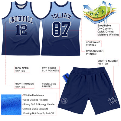 Custom Light Blue Navy-White Fade Fashion Round Neck Sublimation Basketball Suit Jersey