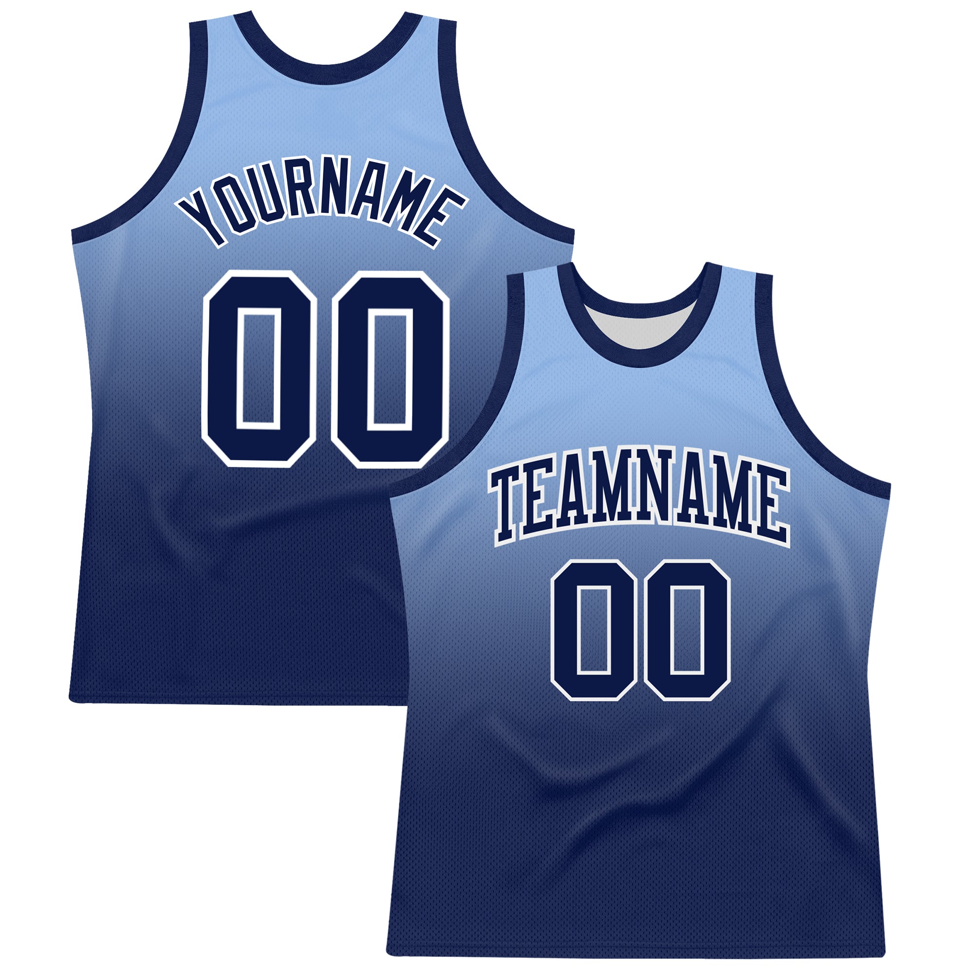 Custom Light Blue Navy-White Fade Fashion Round Neck Sublimation Basketball Suit Jersey
