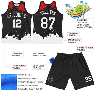 Custom Black White-Red Fragment Art Round Neck Sublimation Basketball Suit Jersey