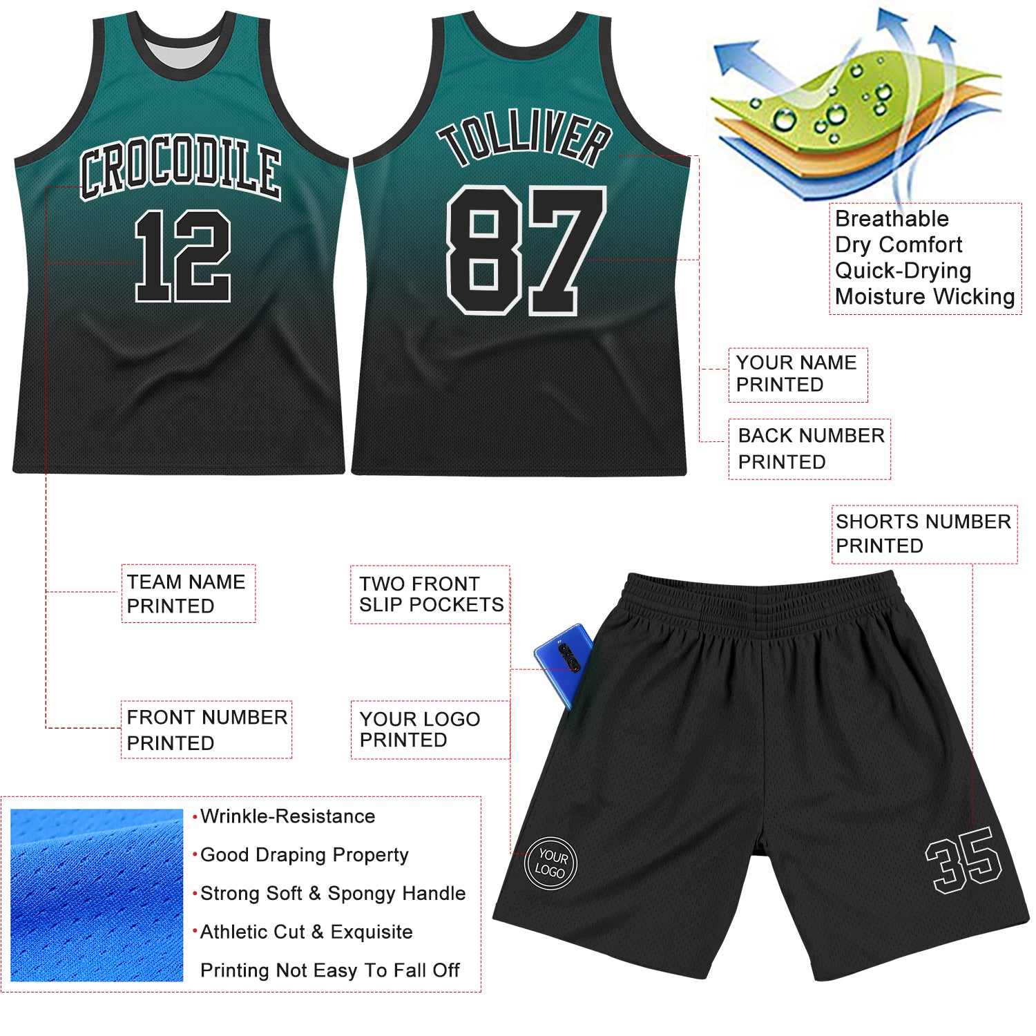 Custom Teal Black-White Fade Fashion Round Neck Sublimation Basketball Suit Jersey