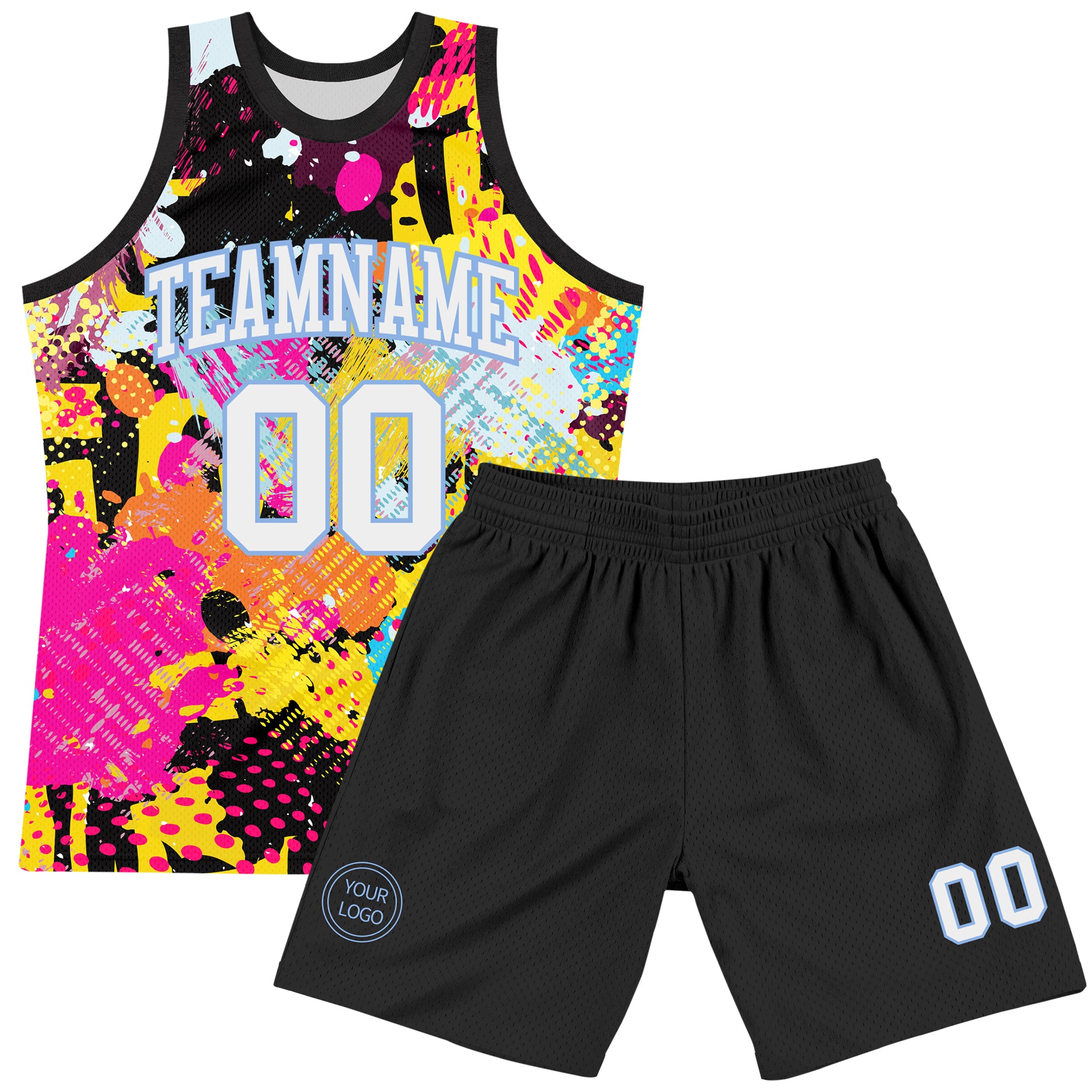 Custom Graffiti Pattern White-Light Blue Splash Round Neck Sublimation Basketball Suit Jersey