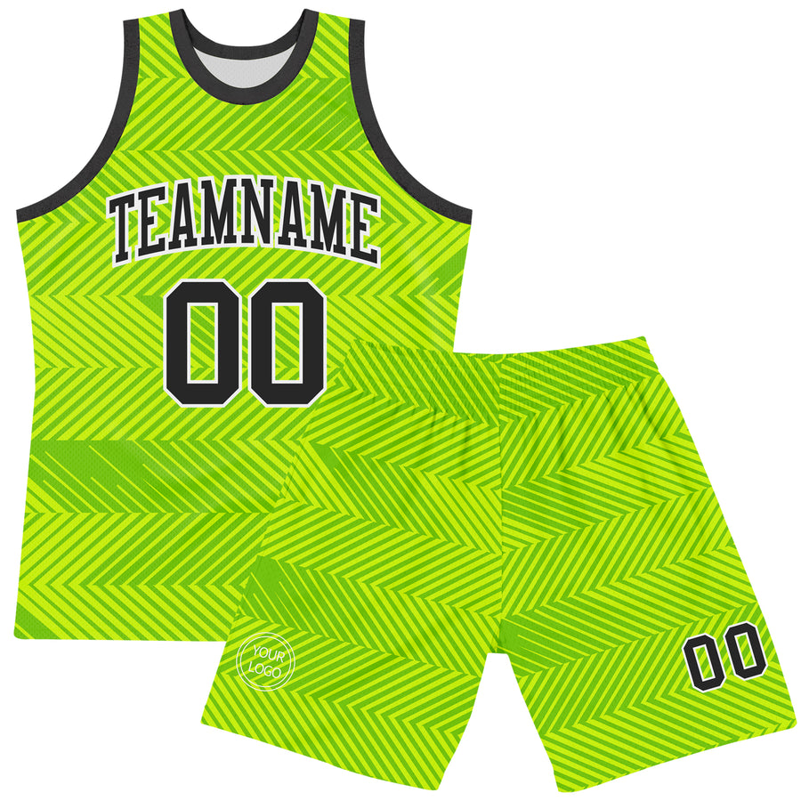Custom Neon Green Black-White Line Round Neck Sublimation Basketball Suit Jersey