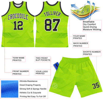 Custom Neon Green Black-White Line Round Neck Sublimation Basketball Suit Jersey