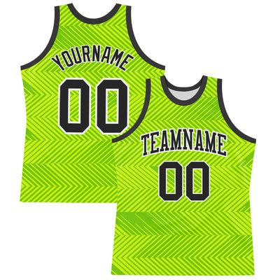 Custom Neon Green Black-White Line Round Neck Sublimation Basketball Suit Jersey