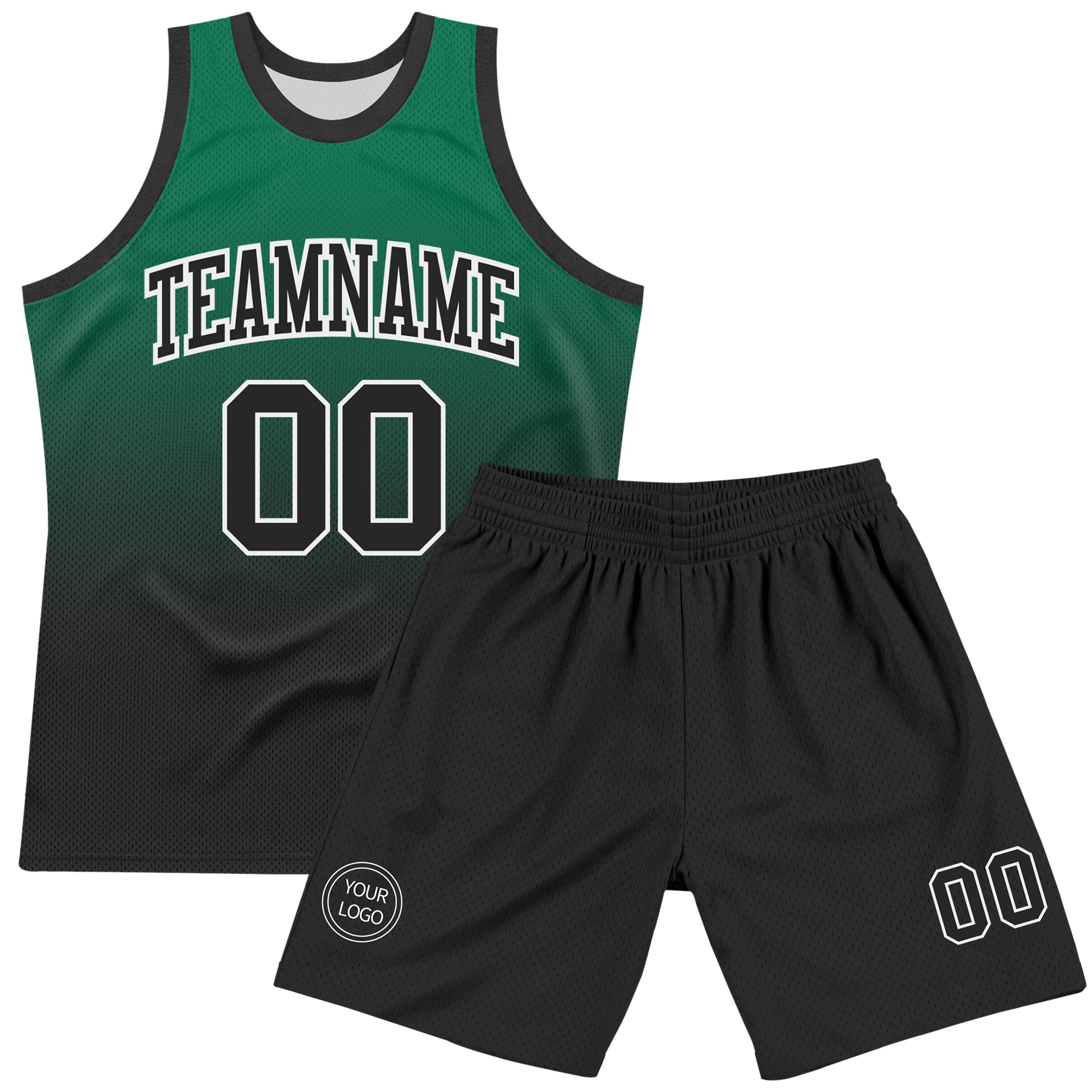 Custom Kelly Green Black-White Fade Fashion Round Neck Sublimation Basketball Suit Jersey
