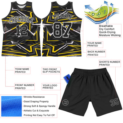 Custom Black Gold-White Line Round Neck Sublimation Basketball Suit Jersey