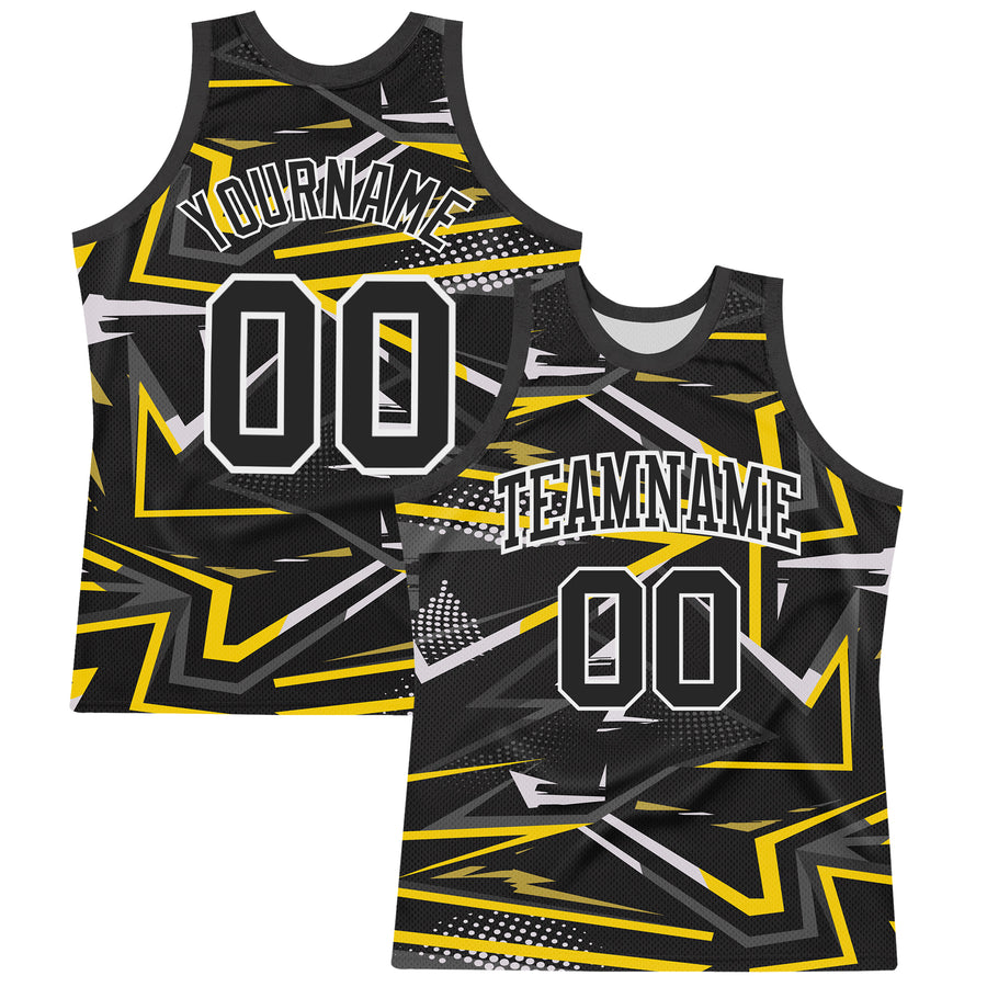 Custom Black Gold-White Line Round Neck Sublimation Basketball Suit Jersey