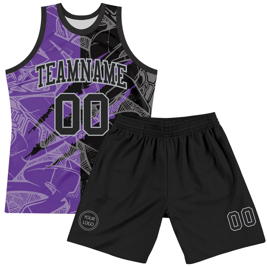 Custom Graffiti Pattern Black Purple-Gray Scratch Round Neck Sublimation Basketball Suit Jersey