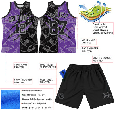 Custom Graffiti Pattern Black Purple-Gray Scratch Round Neck Sublimation Basketball Suit Jersey