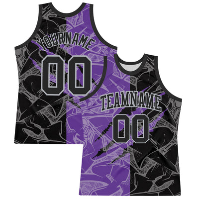 Custom Graffiti Pattern Black Purple-Gray Scratch Round Neck Sublimation Basketball Suit Jersey