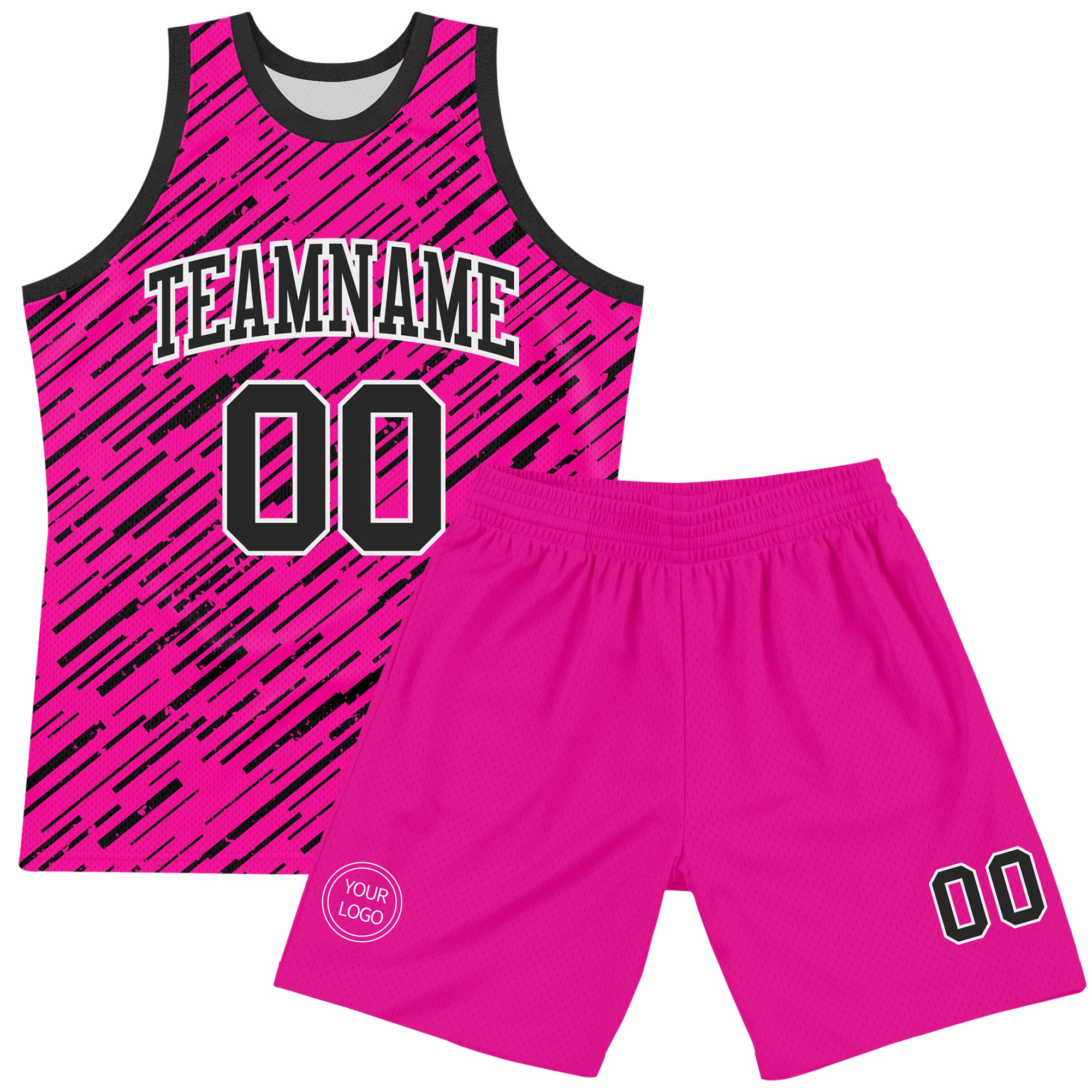 Custom Pink Black-White Line Round Neck Sublimation Basketball Suit Jersey