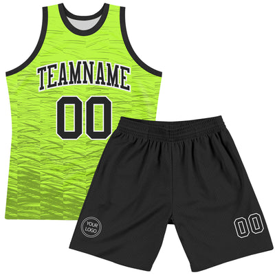 Custom Neon Green Black-White Line Round Neck Sublimation Basketball Suit Jersey