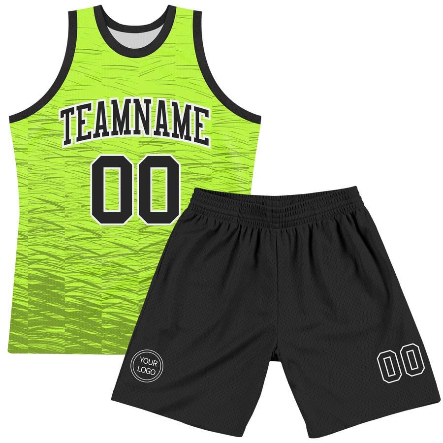 Custom Neon Green Black-White Line Round Neck Sublimation Basketball Suit Jersey