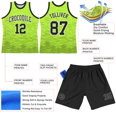 Custom Neon Green Black-White Line Round Neck Sublimation Basketball Suit Jersey
