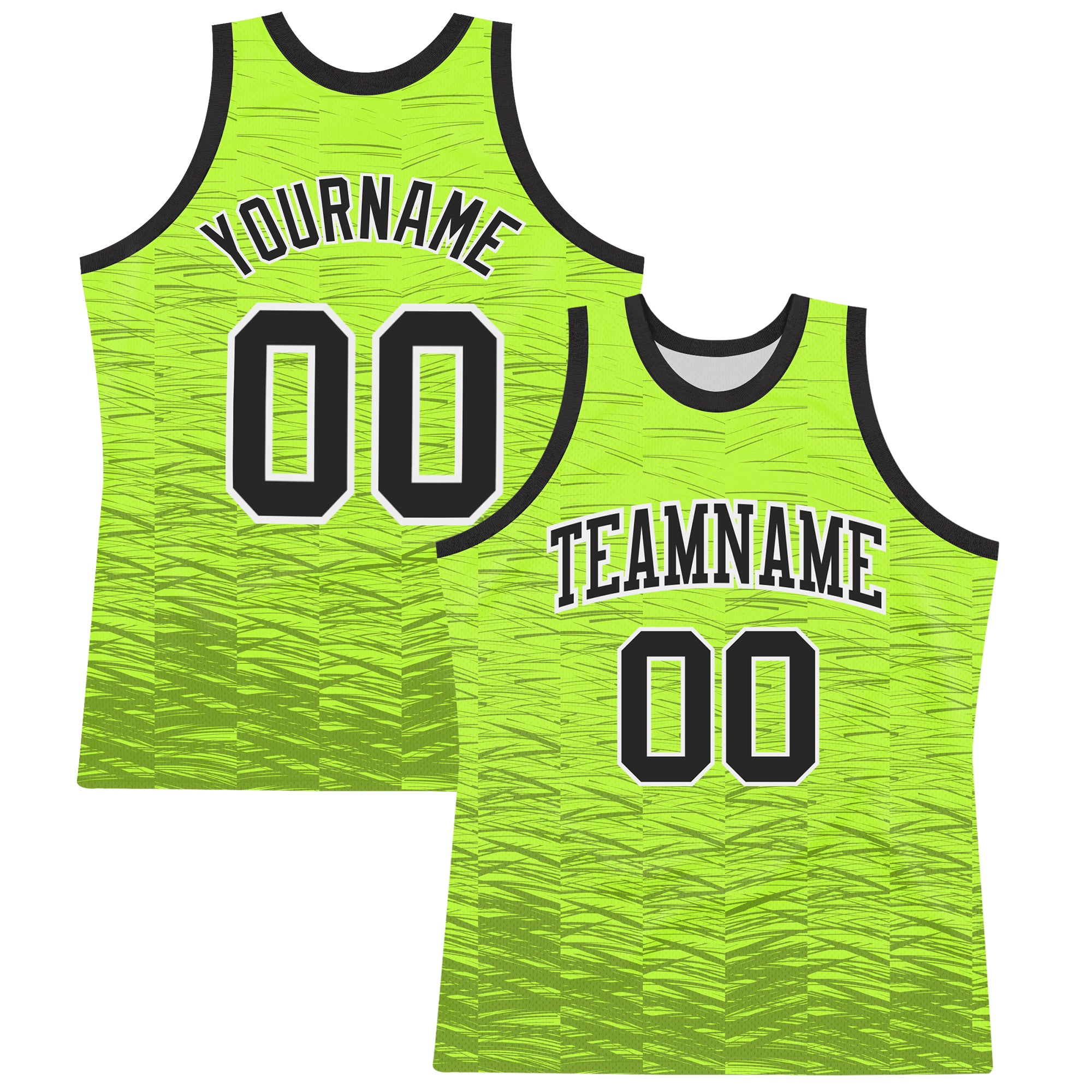 Custom Neon Green Black-White Line Round Neck Sublimation Basketball Suit Jersey